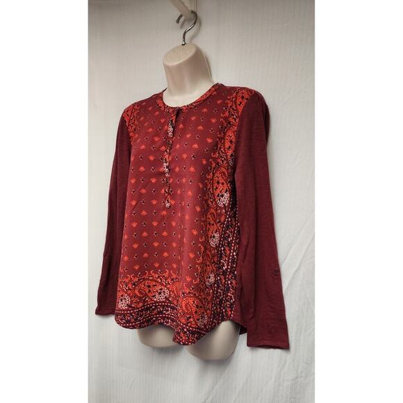 Lucky Brand Round Neck Roll-Tab Sleeve Tunic Paisley Print Floral Blouse Red Lg - Picture 6 of 8